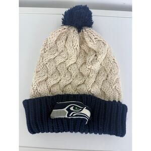 NFL Team Apparel Seattle Seahawks Womens Cable Chunky Knit Pom Cream/Blue Beanie